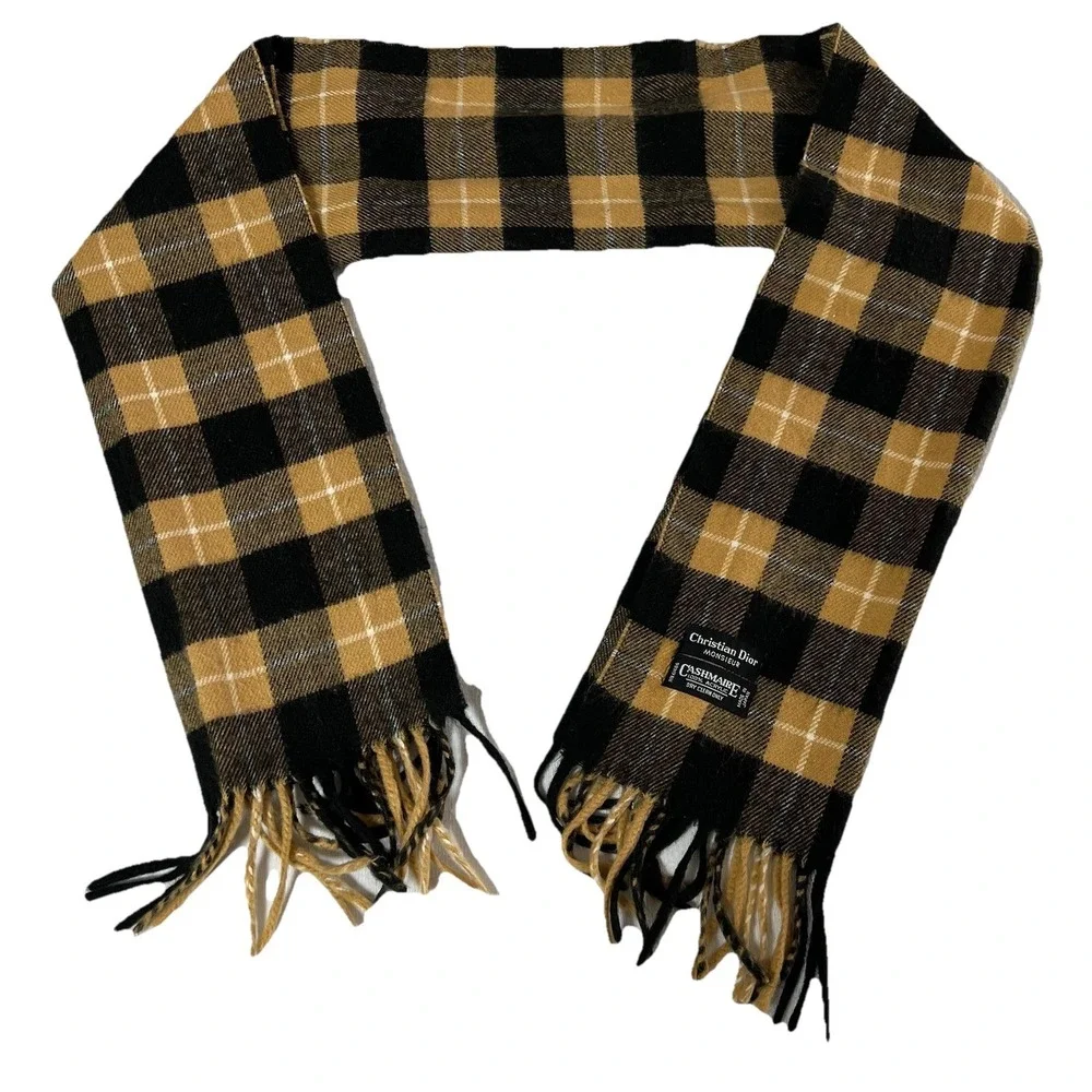 Christian Dior Monsieur Black Camel Plaid Cashmaire 100% Acrylic Scarf Fringe